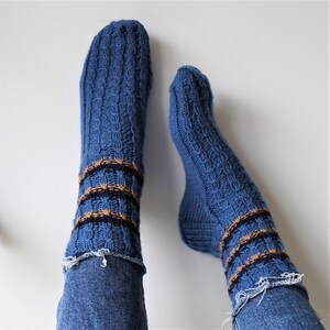 Blue Junior / Ladies / Kids Wool Knitted Socks / Handmade Girls Boys Womens socks / Natural blue coarse wool with ornament
