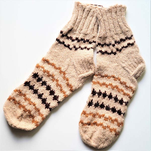 Mens wool knitted socks / Handmade accessory / Natural coarse wool with ornament / Gift for Him