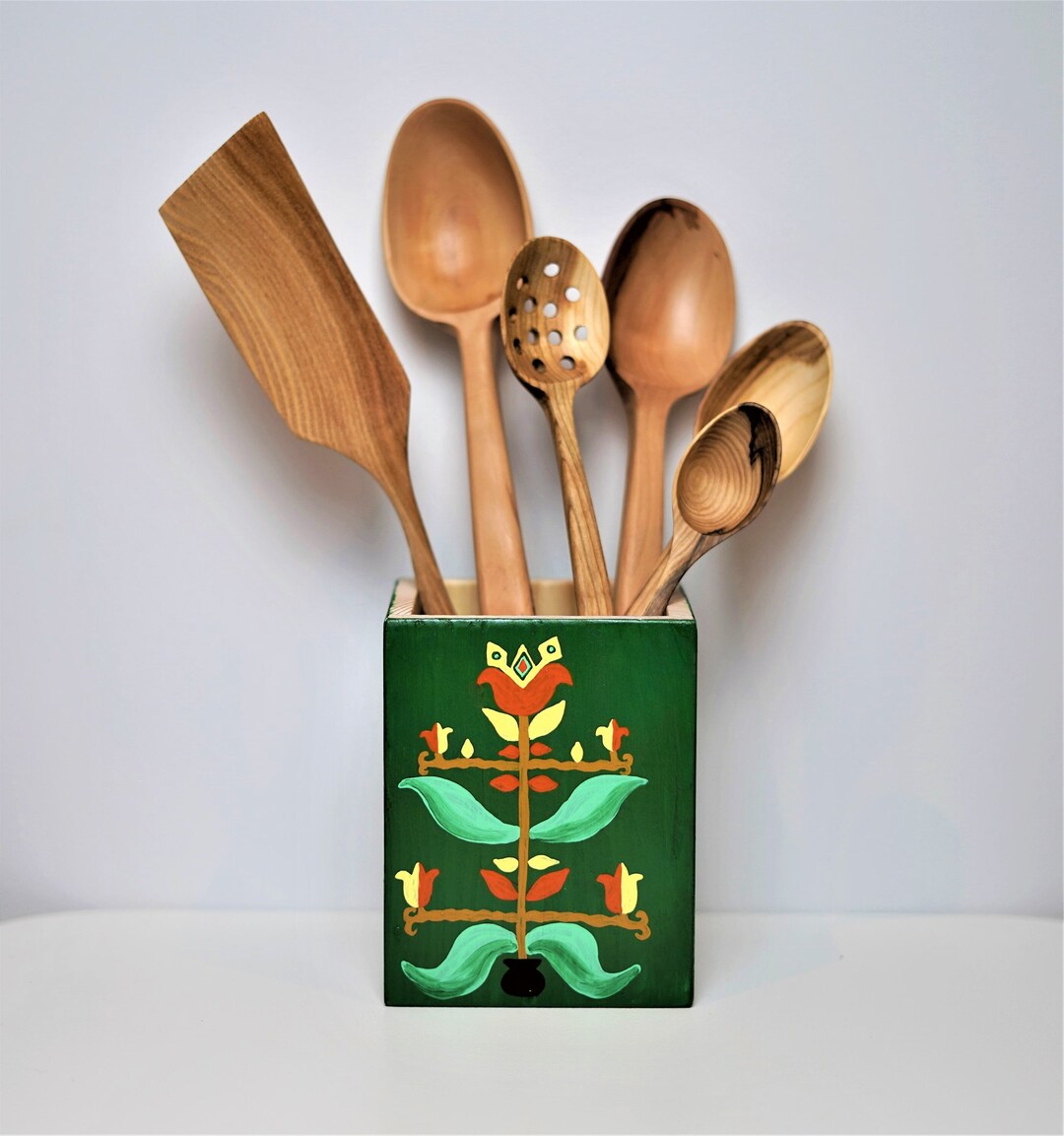 Wooden Handmade Kitchen Utensils Box With Folk Motive, Green / Worktop