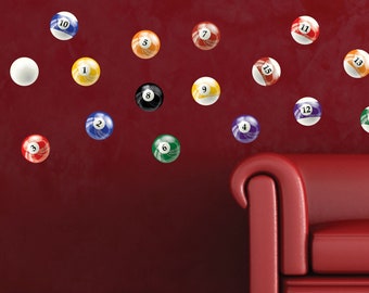 6" inch Pool Ball Wall Stickers, Qty 16, Billiards Pool Ball Peel and Stick Wall Graphics, 0597, For smooth walls only