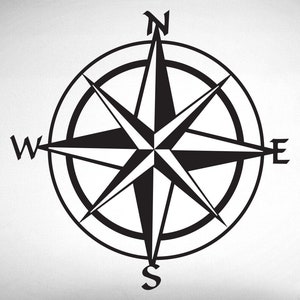 May include: Black and white compass with the cardinal directions N, S, E, and W.