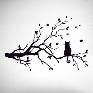 Cat In A Tree Wall Decal, Cat Wall Sticker, 0243