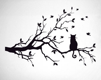 Cat In A Tree Wall Decal, Cat Wall Sticker, 0243