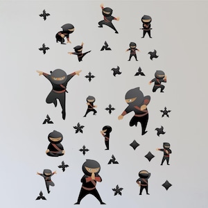 Ninja Wall Stickers, Qty 15 Ninja Stickers, 20 Ninja Stars, 0596, For smooth walls only