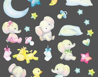 Watercolor Elephant Nursery Wall Decals: Peel and Stick Stickers - 0737