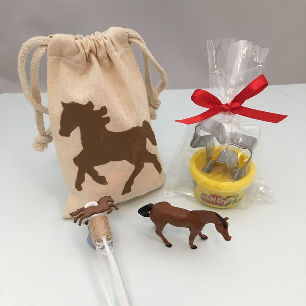 Horse Party Favor: Horse Party Bag filled with Play Doh and Horse Cutter, Horse Theme Bubble Wand and a Plastic Horse Toy