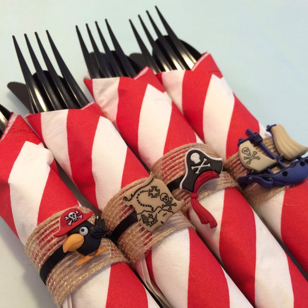Pirate Party Flatware with Pirate Napkin Rings; Pirate Party Party Supplies, Pirate Dessert Table