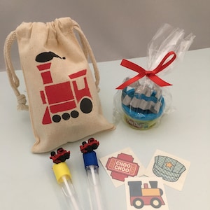 Train Party Favor: Train Favor Bag filled with Play Doh and Train Cutter, Train Bubble Wand and a Train theme tattoo