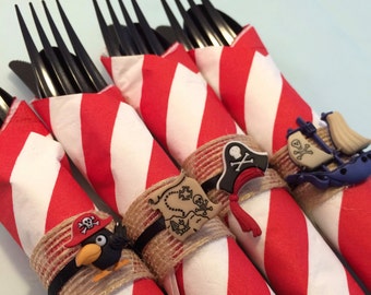 Pirate Party Flatware with Pirate Napkin Rings; Pirate Party Party Supplies, Pirate Dessert Table