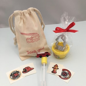 Firetruck Party Favor: Firefighter Party Bag filled with Play Doh and Fire Hydrant Cutter, Firetruck Bubble Wand and a Fire theme tattoo