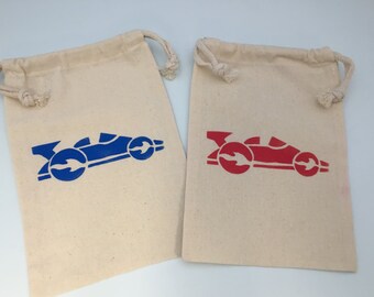 Race Car Party Favor Bags with Race Car Designs - Muslin Bags With Racing Car Designs, Transport Party Supplies