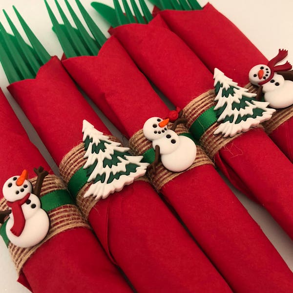 Snowman & Christmas Tree Napkin Rings, Christmas Napkin Rings, Holiday Party Tableware