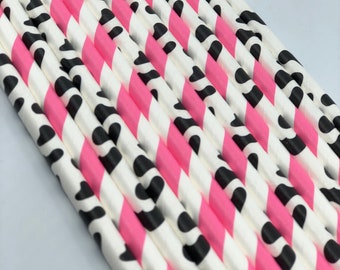 Pajitas de papel con estampado de vaca: decoraciones para fiestas de granja (paquete de 25)