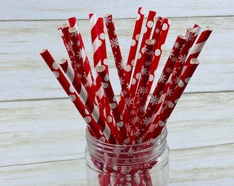 Red Christmas Paper Straws: Snowflake, Polka Dot, Stripe (25 Pack)