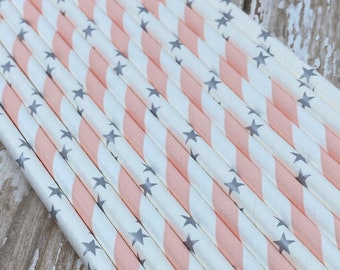 Paper Straws, 25 Pale Pink and White Stripe Straws and Silver Star straws