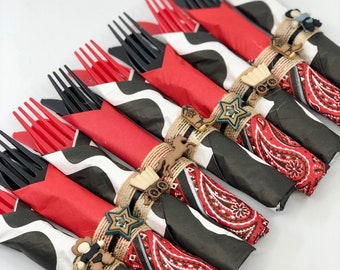 Western Party Flatware: Cowboy Party Silverware with Western Napkin Rings, Western Tableware