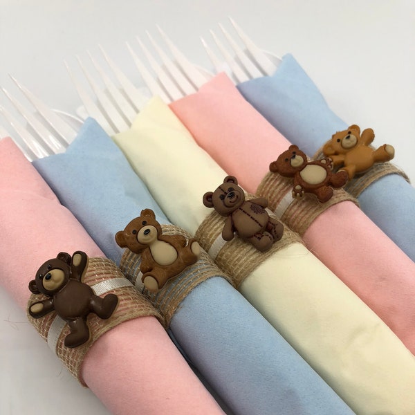 Teddy Bear Flatware: New Baby Party Silverware with Teddy Bear Napkin Rings, Baby Shower Tableware, New Baby Tableware