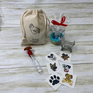Dog Party Favor: Puppy Party Bag filled with Play Doh and Dog Cutter, Dog Theme Bubble Wand and a Dog Tattoo, Pawty Favor Bag
