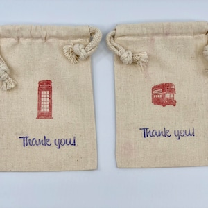 London Treat Bags: British Design Drawstring Muslin Favor Bags, England Party Gift Bag, Royal Wedding Favor Bag