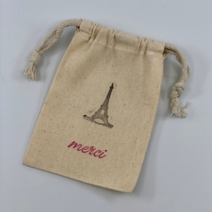 Paris Treat Bags: Eiffel Tower and Merci Drawstring Muslin Favor Bags, Paris Gift Bag