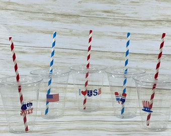 Patriotic Party Cups with Lids & Straws: 4th of July Disposable Cups