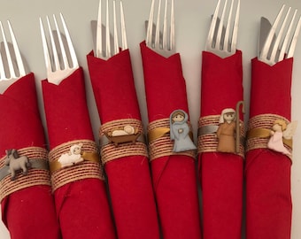 Christmas Flatware with Nativity Scene Napkin Ring, Nativity Napkin Ring, Disposable Christmas Flatware, Holiday Party Tableware