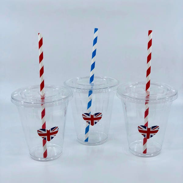 British Party Cups with Lids and Straws, PlasticUnion Jack Party Drink Cups, England Party, Royal Wedding Party, Union Jack Heart Cups