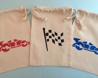 Race Car Party Favor Bags- Various Color Race Car & Finish Flag Designs- Muslin Bags With Racing Car Designs, Transport Party Supplies