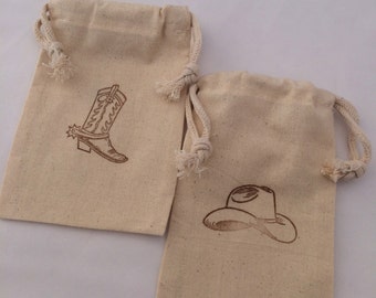 Western Favor Bags: Muslin Bags With Western Design, Cowboy Boot Bag, Cowboy Hat Bag