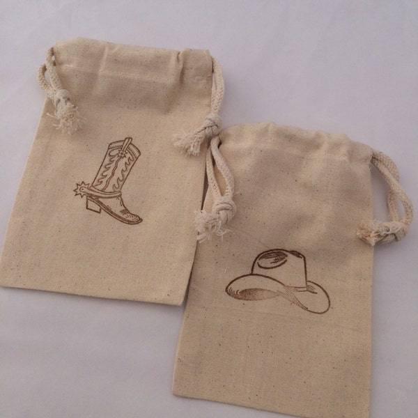 Western Favor Bags: Muslin Bags With Western Design, Cowboy Boot Bag, Cowboy Hat Bag