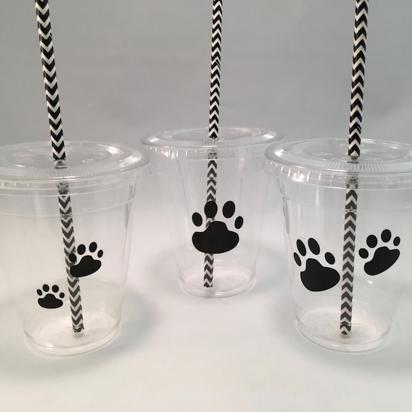 Paw Print Party Cups with Lids and Straws, Plastic Dog Party Drink Cups, Pawty Cups