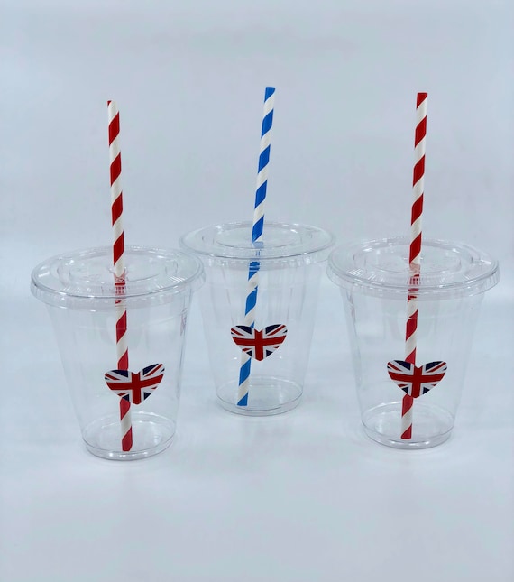 British Party Cups with Lids and Straws, PlasticUnion Jack Party Drink  Cups, England Party, Royal Wedding Party, Union Jack Heart Cups