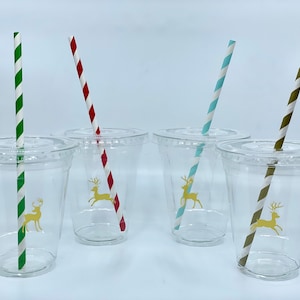 Gold Reindeer Christmas Party Cups with Lids & Straws