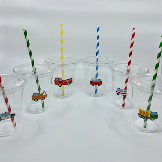 Transport Party Cups With Lids and Straws: Emergency Services and Trucks Plastic  Drink Cups With Lids and Straws 