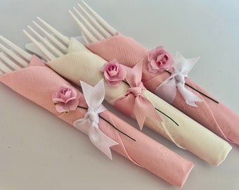 Pink Rose Party Utensils: Disposable Silverware with Napkin