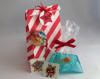 Carnival Party Bags: Circus favor bags with fish-in-a-bag soap, swirl lollipop, tattoos - Circus Party Favors, Carnival Party Supplies