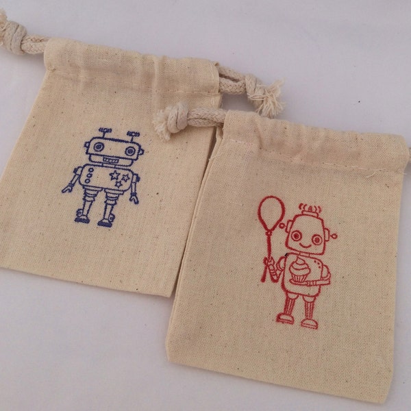Robot Favor Bags: Muslin Bags With Red and Blue Robot Design, Robot Party Supplies