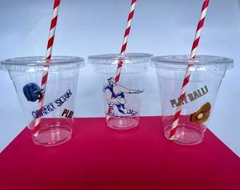 Baseball Party Cups with Lids & Straws: 12oz Disposable Cups