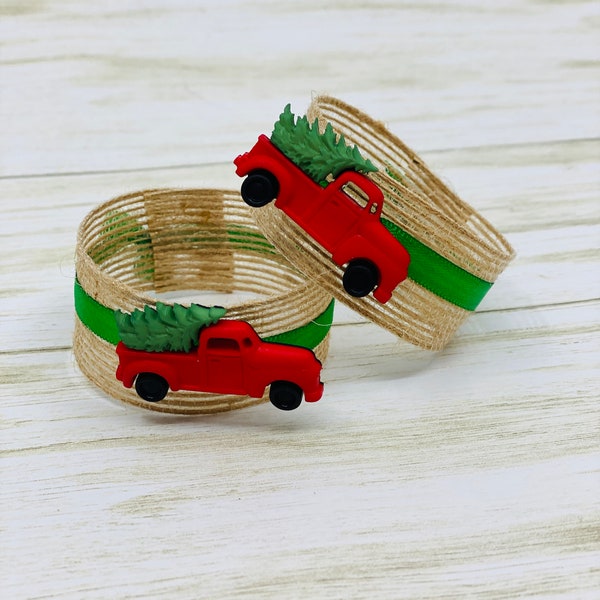 Red Christmas Truck with Tree Napkin Rings, Christmas Napkin Rings, Holiday Party Tableware, Christmas Truck with Tree Tableware