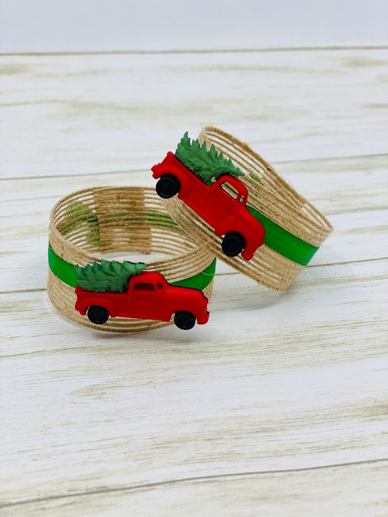 Red Christmas Truck With Tree Napkin Rings Christmas Napkin Etsy