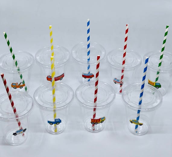 Transport Party Cups With Lids and Straws: Emergency Services and Trucks Plastic  Drink Cups With Lids and Straws 