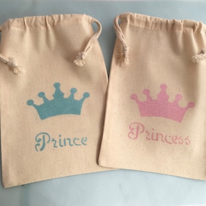 Prince and Princess Party Treat Bags: Pink and Blue or Gold Crown Muslin Bags, Princess Favor Bags Cinderella Favor Bag image 1