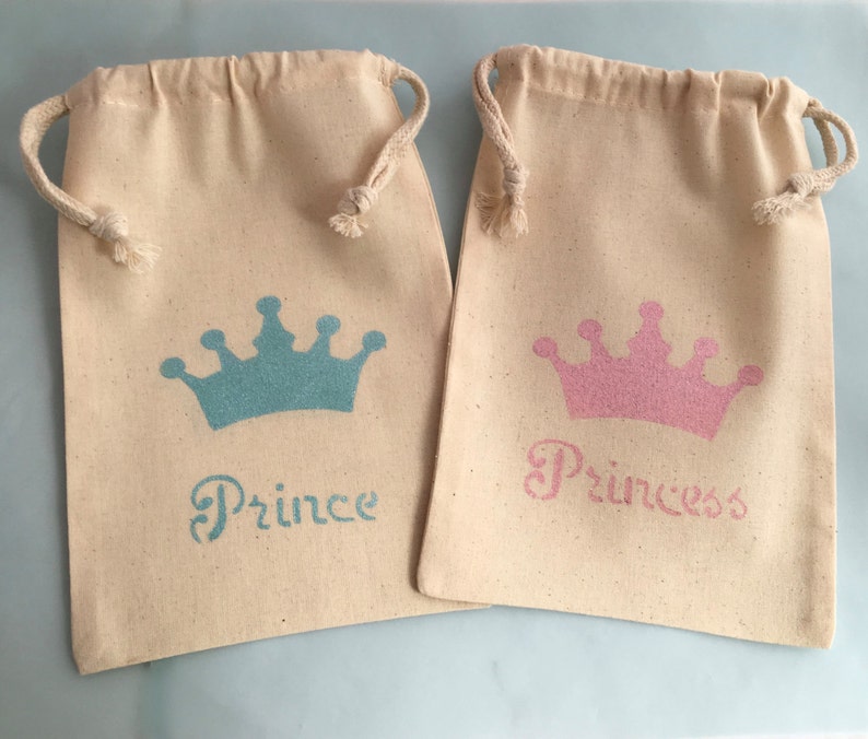 Prince and Princess Party Treat Bags: Pink and Blue or Gold Crown Muslin Bags, Princess Favor Bags Cinderella Favor Bag image 1