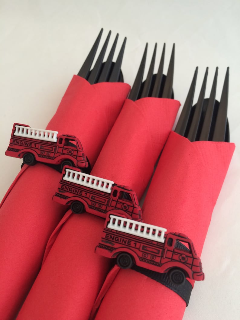 Firetruck Flatware Firetruck Theme Party Cutlery, Red Firetruck Party Supplies, Fireman Party, Firefighter Party Supplies image 1