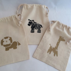 Safari Animal Favor Bags: Hand-Painted Muslin Drawstring Bags