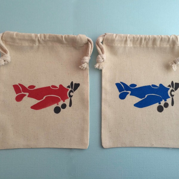 Airplane Party Favor Bags with Blue Plane and Red Plane Design- Muslin Bags With Transport Designs, Airplane Party Supplies