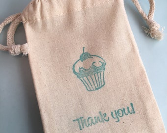 Cupcake Favor Bag with Thank You Slogan, Drawstring Muslin Bags, Cupcake Gift Bag, Tea Party Treat Bag