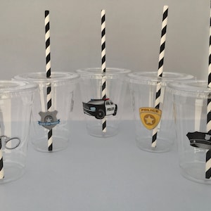 Police Party Cups with Lids and Straws, Plastic Police Party Drink Cups