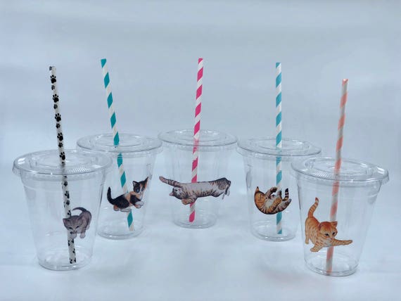 Cat Party Cups With Lids and Straws, Plastic Cat Party Drink Cups