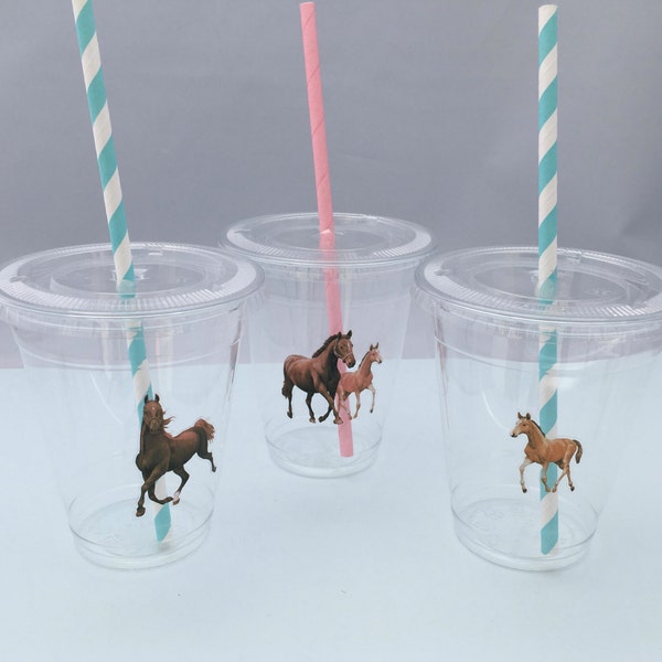Horse Party Cups with Lids and Straws, Plastic Horse Party Drink Cups, Equestrian Party Cups